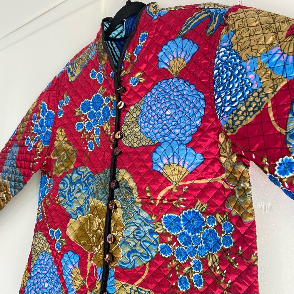 Sacred Threads Quilted Reversible Art To Wear Asian Inspo Jacket Red Gold Blue L